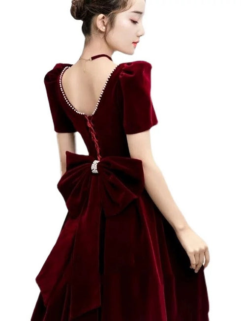 Wine Red Velvet Short Sleeves Beaded Party Dress, Wine Red Velvet Wedding Party Dress